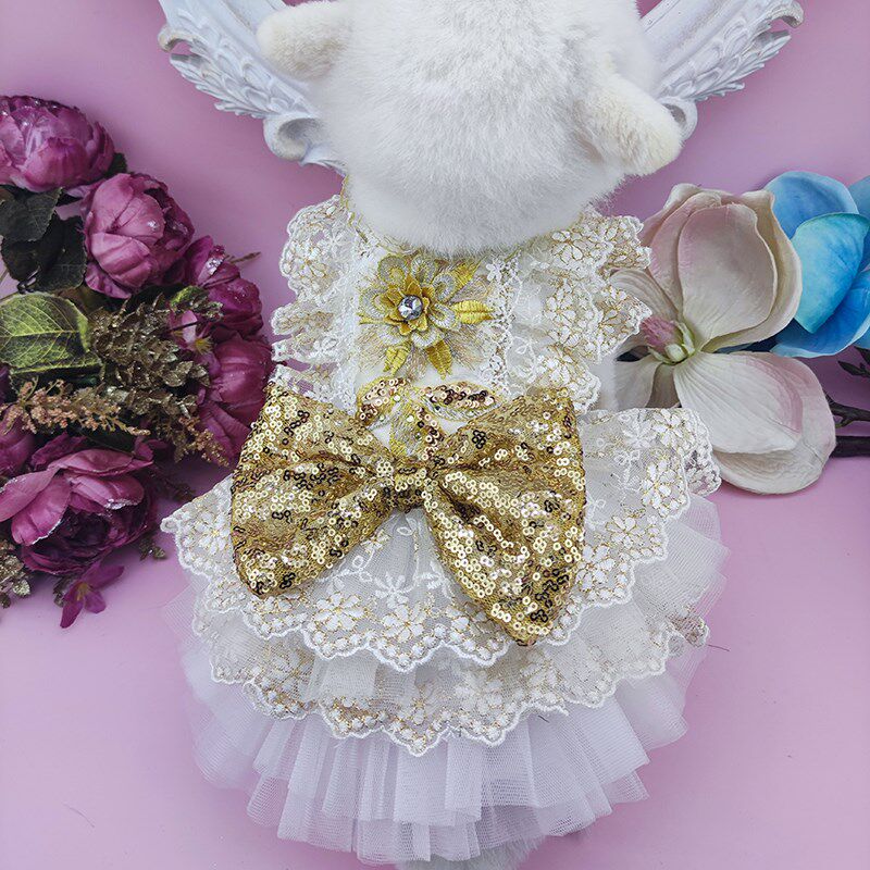 私宠手作金色宠物婚纱小型犬春秋衣服泰迪比熊小马公主裙猫咪裙子