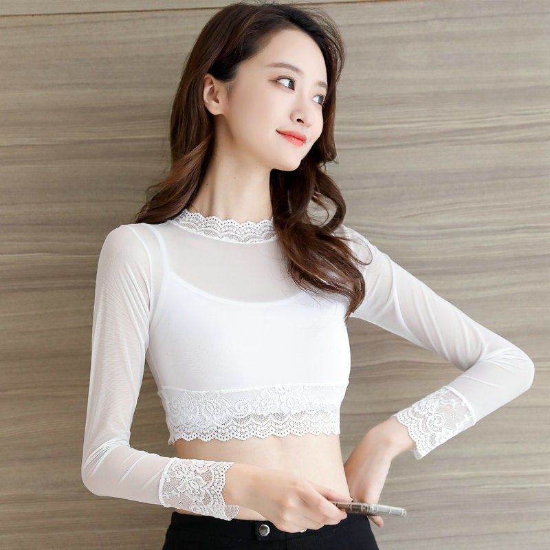 半截网纱打底衫秋装黑色性感蕾丝半身露脐长袖内搭立领t恤纱衣女,女装/女士精品,T恤,淘宝优惠券,粉丝福利购,淘宝优惠卷