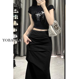 黑色休闲半身裙女高腰夏季新款大码胖mm遮肚子显瘦开叉中长款裙子