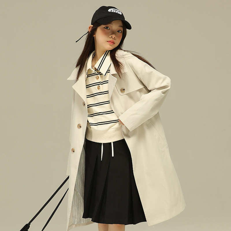 小女森女童春秋气质法式单排扣杏色风衣中大童中长款宽松休闲大衣