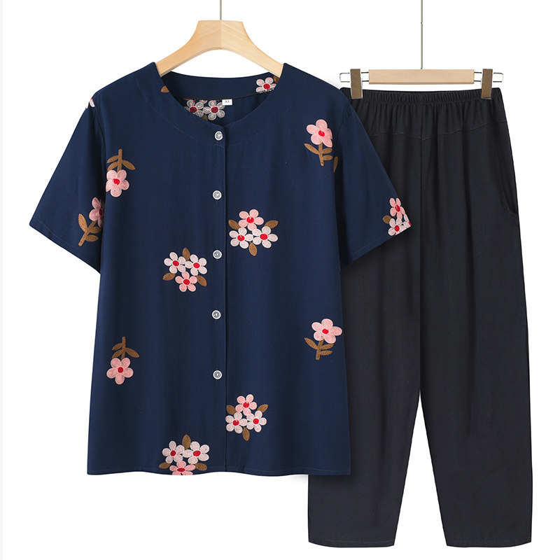 妈妈夏装中老年人女装奶奶套装短袖t恤老太太开衫老人衣服上衣薄
