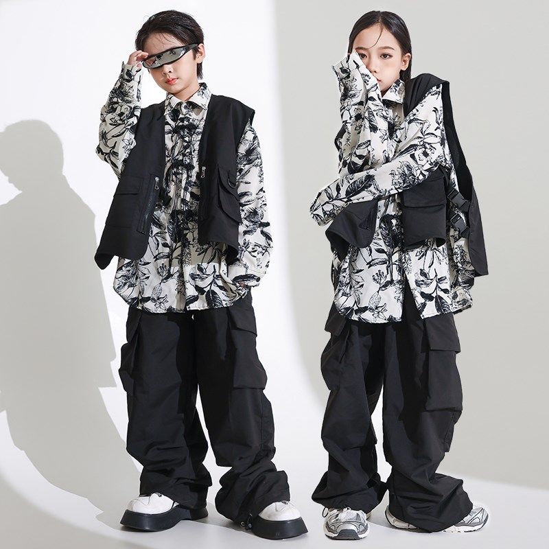 街舞儿童潮酷马甲衬衫工装裤套装男女童嘻哈hiphop架子鼓表演出服
