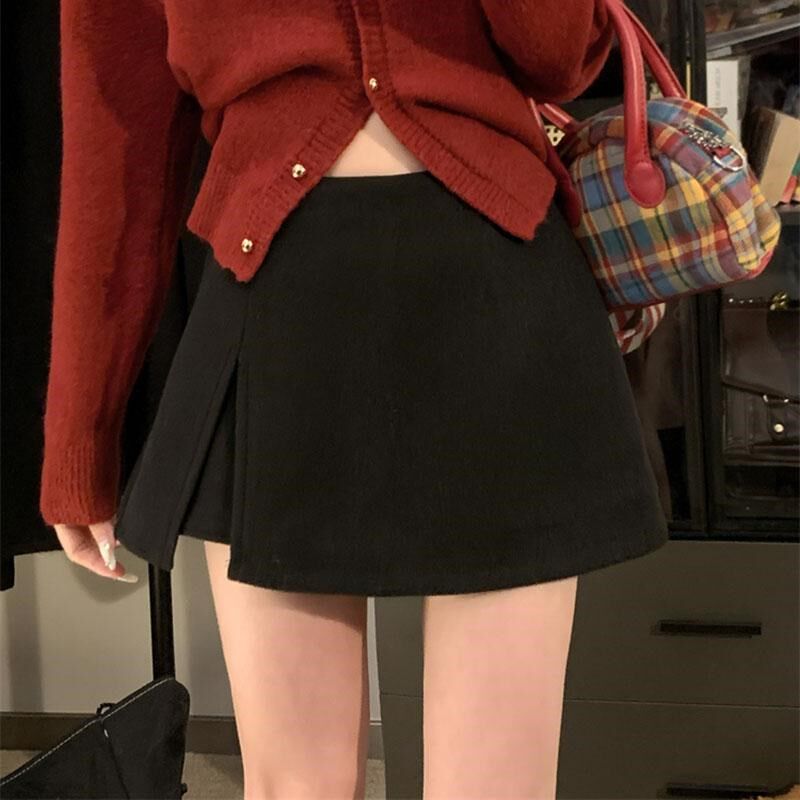灰色毛呢半身裙女新款百搭高腰显瘦包臀裙a字裙开叉裙裤短裙子黑