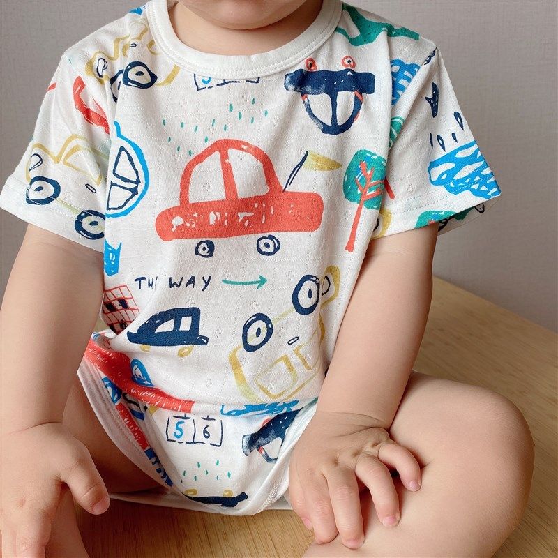 夏季宝宝纯棉连体睡衣短袖无骨睡袍男童呼吸家居服女孩睡裙空调服