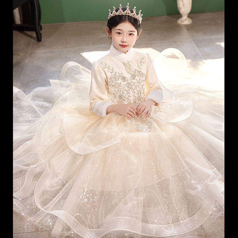 女童礼服高端加绒儿童钢琴演出服小女孩花童主持人加厚公主裙冬季