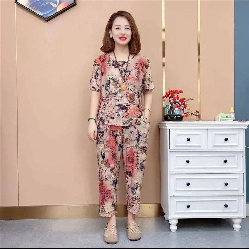 高档夏季妈妈装休闲套装新款短袖T恤中老年女大码上衣裤子两件套,女装/女士精品,时尚套装,淘宝优惠券,粉丝福利购,淘宝优惠卷