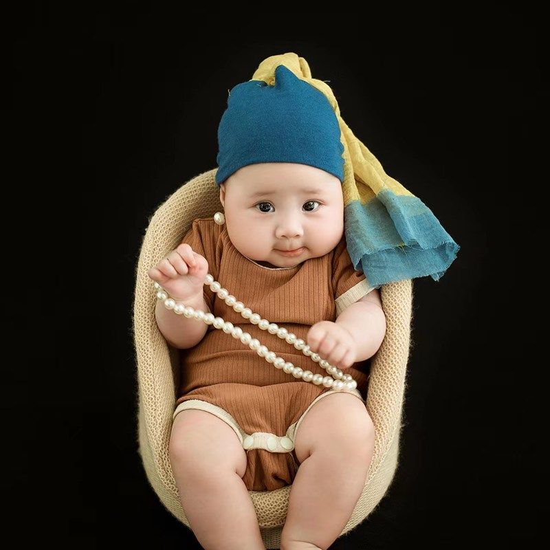 儿童摄影服装cos戴珍珠耳环的少女套装满月百天周岁照宝宝拍照衣