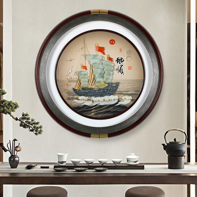 圆形新中式沙发背景墙玉石装饰画入户玄关走廊过道玉雕led灯挂画
