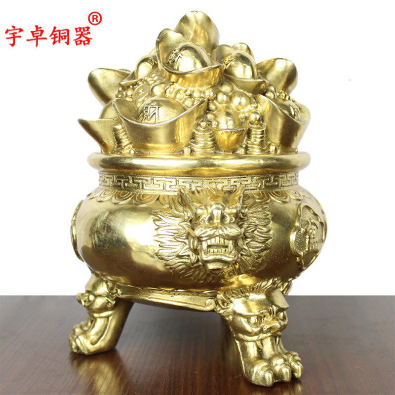 宇卓铜器纯铜聚宝盆黄铜聚宝盆三足元宝聚宝盆工艺品摆件
