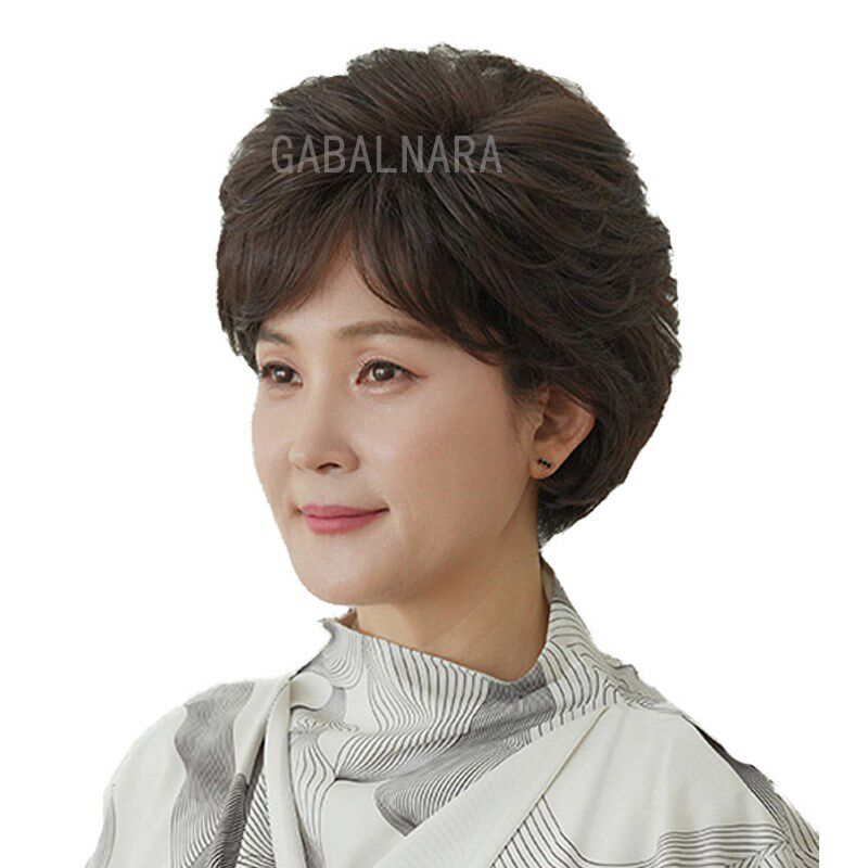 中老年妈妈假发 全真发蓬松短发女士发套气质大波浪斜刘海包邮