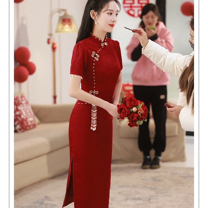 中式旗袍敬酒服新娘小个子酒红色订婚改良中式回门晚礼服年轻款女