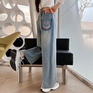 女童牛仔裤春秋款2024新款初中学生宽松儿童裤子女大童春装阔腿裤