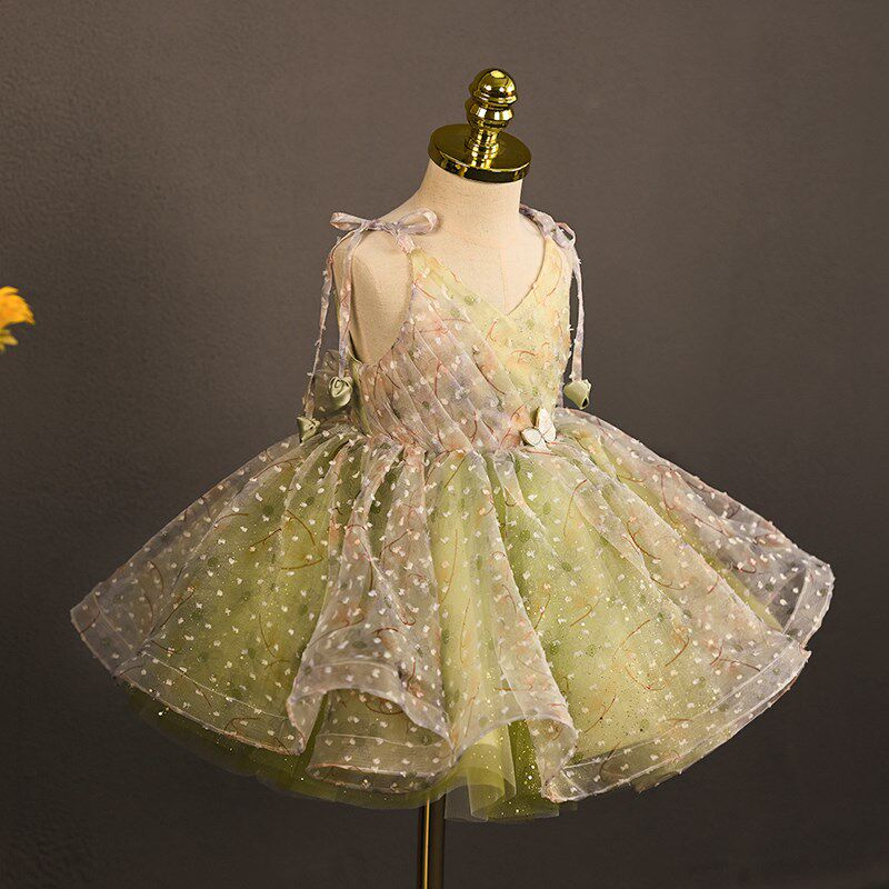 高定周岁礼服绿色高端女童公主裙花童婚礼小女孩生日宴主持人礼服