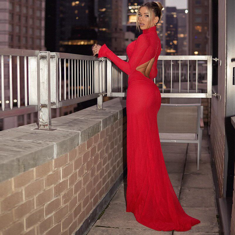 Ahagaga 欧美风气场高领镂空显胸红色长款礼服连衣裙修身拖地裙女