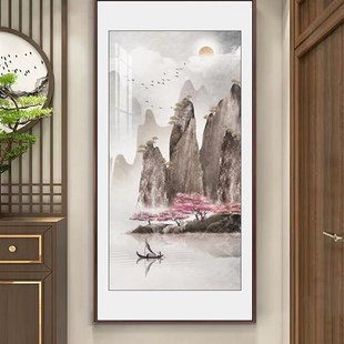 新中式玄关装饰画山水画鸿运当头走廊竖版玄幻挂画办公室茶室壁画