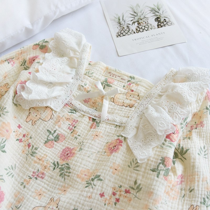 儿童春夏薄纯棉纱布女童家居服可爱小兔花边领长袖睡衣亲子空调服,童装/婴儿装/亲子装,家居服套装,淘宝优惠券,粉丝福利购,淘宝优惠卷