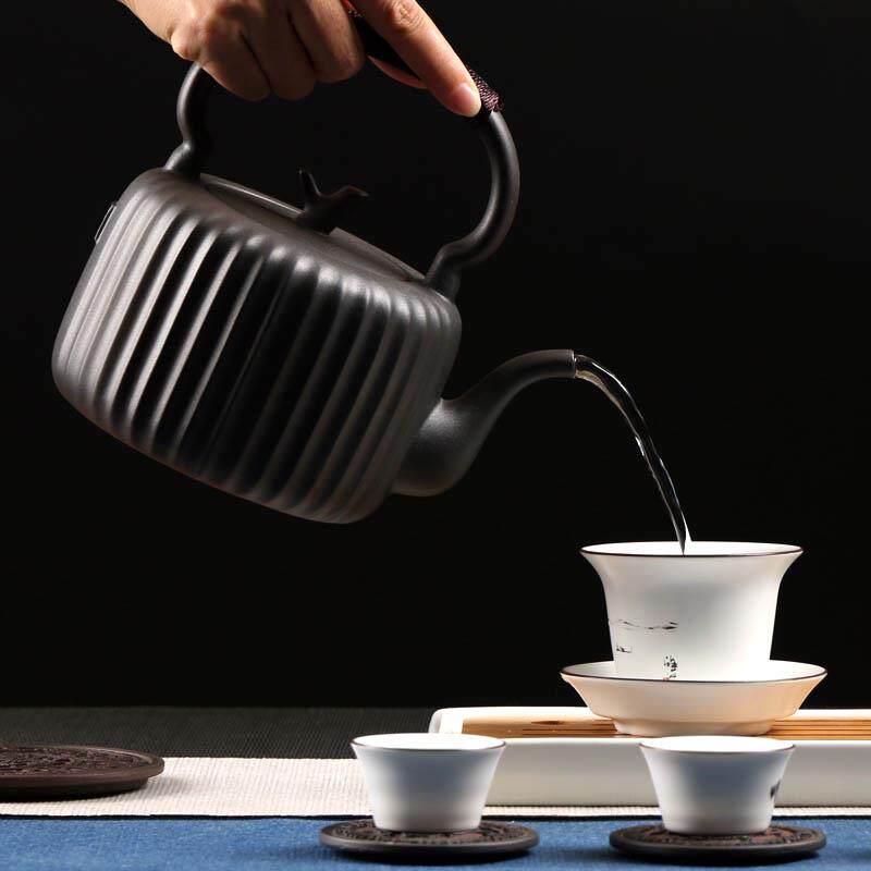 日式陶壶煮茶壶 筋纹壶1.3升大号陶瓷煮茶器电陶炉烧水提梁泡茶壶