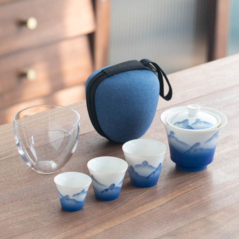 手绘高山流水快客杯 一壶三杯便携包式旅行茶具套装随身泡茶壶