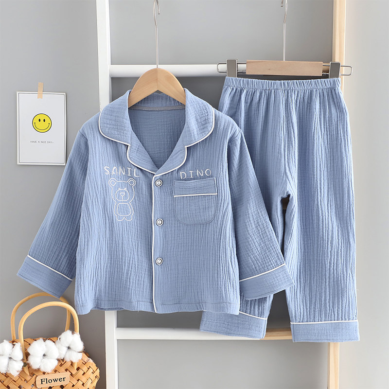 春夏儿童睡衣长袖长裤双层纯棉纱布套装男童女童空调服卡通家居服