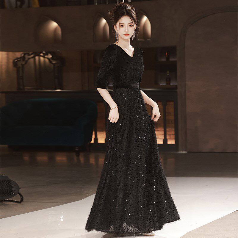 黑色大合唱团演出服女主持指挥舞台比赛宴会表演成人晚礼服装长裙
