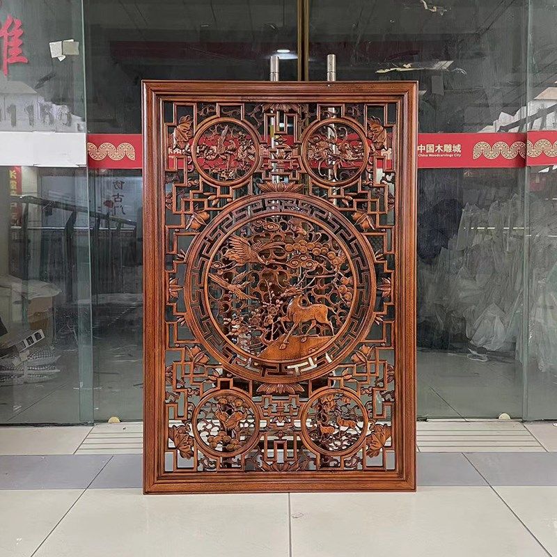 东阳木雕挂件中式玄关壁挂麒麟花窗竖屏实木香樟雕刻工艺品装饰画