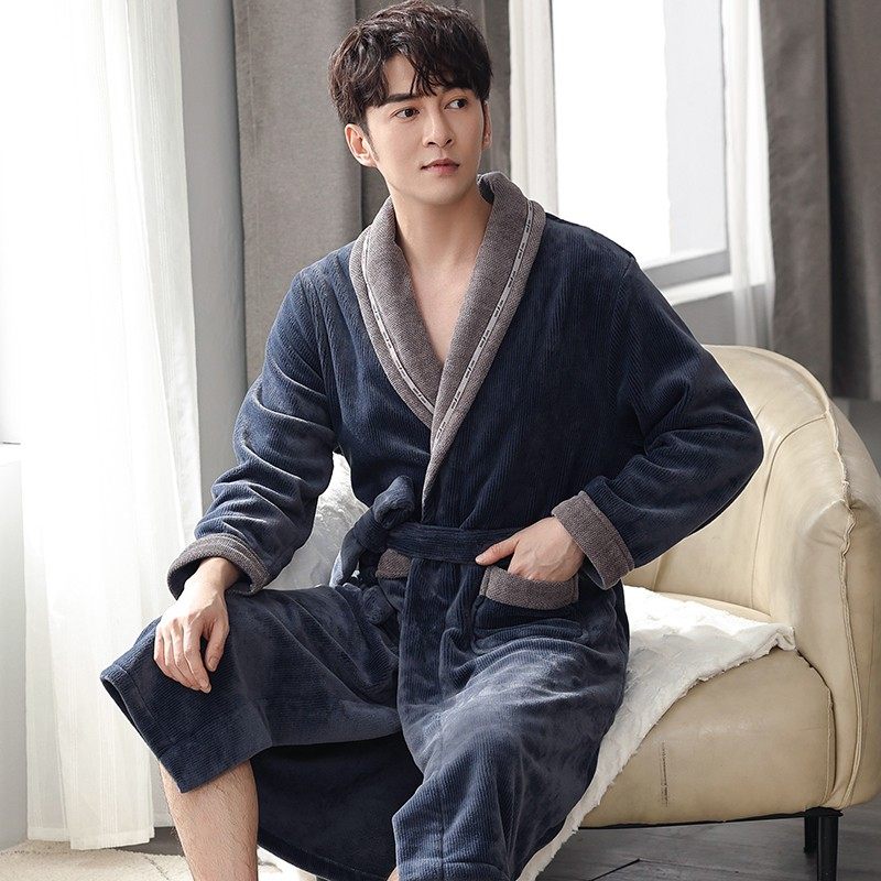 男士睡袍冬季珊瑚绒保暖加厚长款睡衣秋冬款法兰绒加肥加大码浴袍