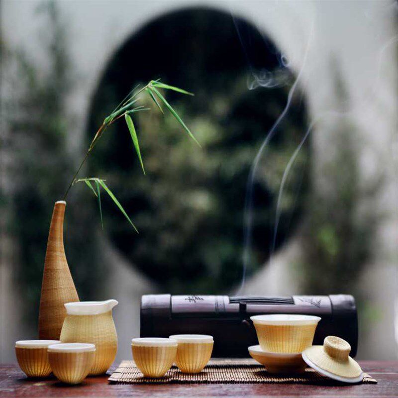 刘氏竹编竹丝扣瓷胎盖碗功夫茶具套装非遗纯手工茶杯包邮高端礼品