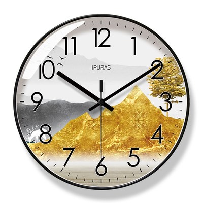 易普拉8143客厅钟表挂墙挂钟招财福禄山水新中式静音扫秒石英钟