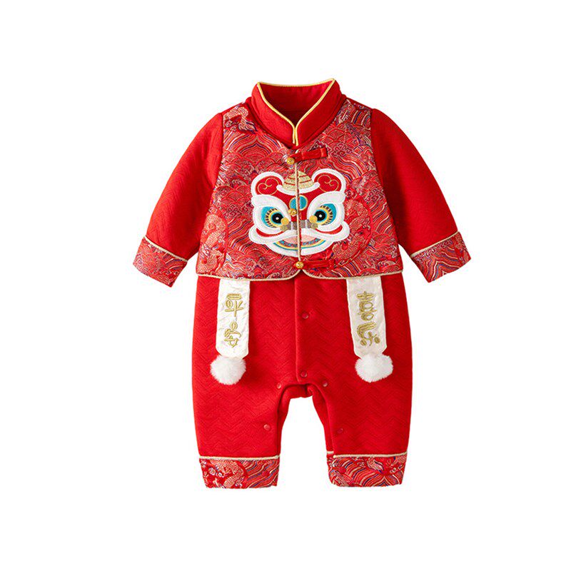 婴儿衣服冬装新生儿男宝宝唐装新年国潮风连体衣百天周岁抓周礼服