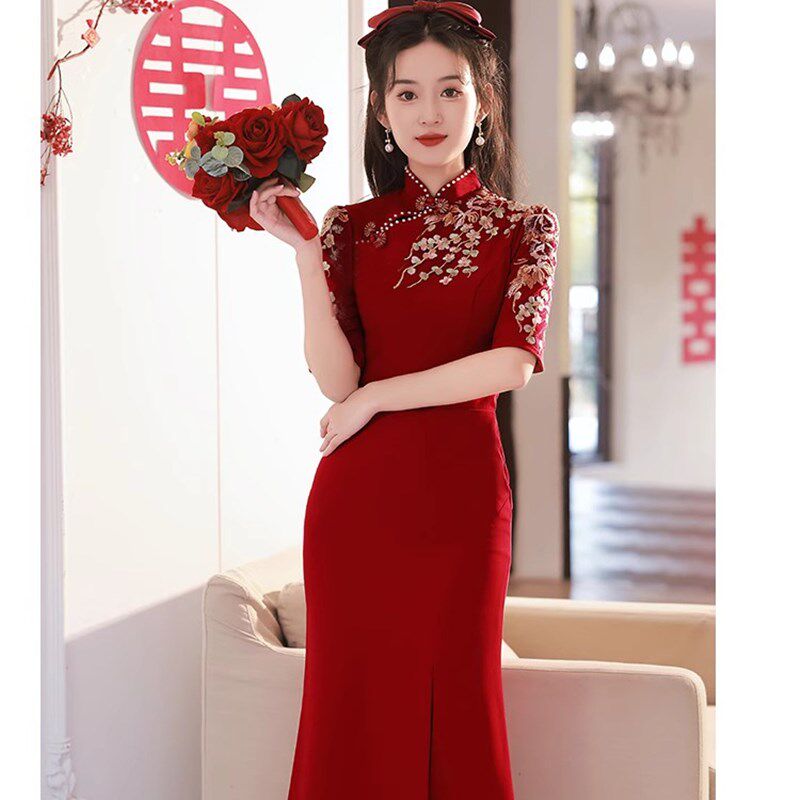 中式改良旗袍敬酒服2025夏季新娘年轻款小个子订婚礼服鱼尾连衣裙