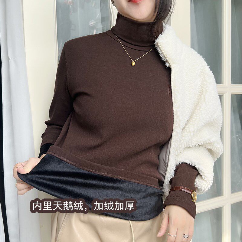 加绒加厚高领打底衫女内搭秋冬秋衣咖色黑色洋气2025年新款外穿潮