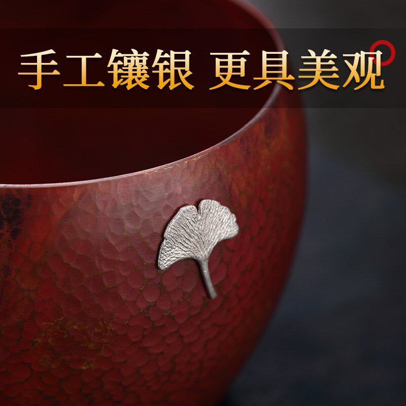 手工锤纹铜茶洗高端老式怀旧建水茶钵茶渣桶镶银水洗茶杯茶碗茶具