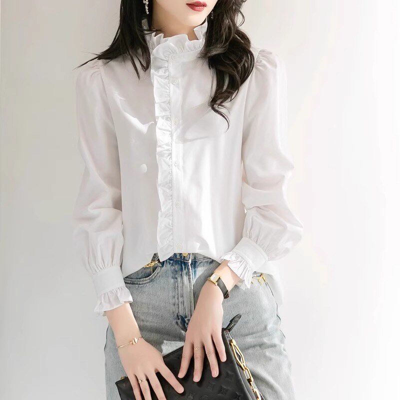 法式2025春装新款立领荷叶边雪纺长袖衬衫女白色衬衣打底内搭上衣