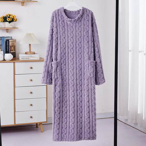 珊瑚绒睡袍睡裙女长袖保暖秋冬季过膝加厚加长大码家居服宽松睡衣