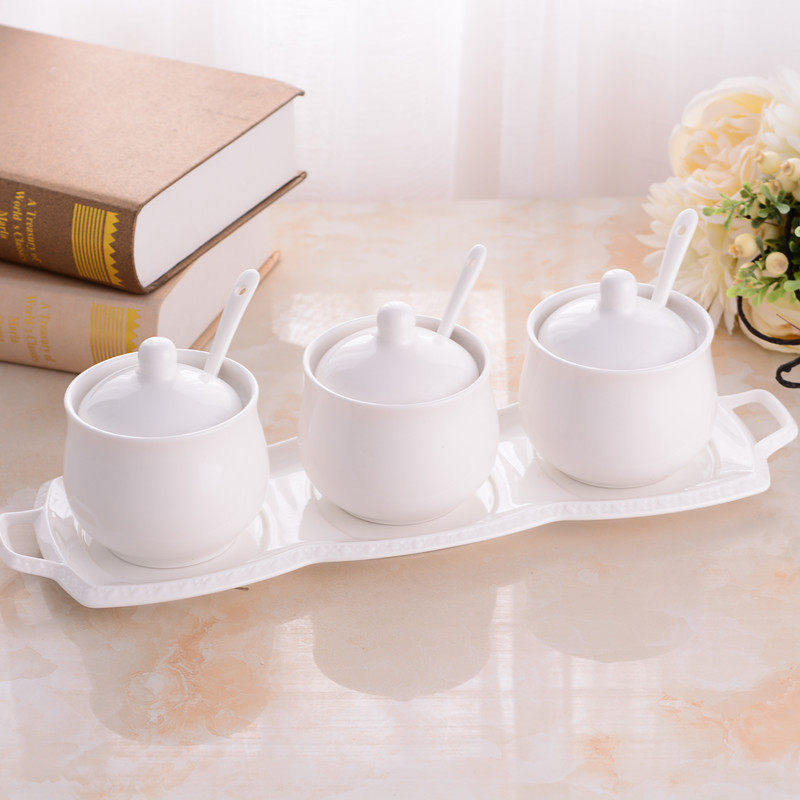 纯白色陶瓷调味罐带瓷盘套厨房收纳储物创意调料盒三件套鼓型盐罐