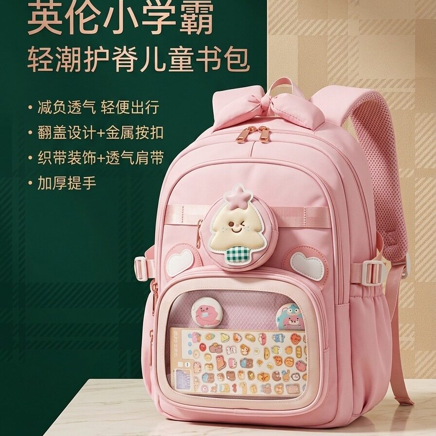 uiuikumo粉色书包小学生护脊轻便减负透气双肩包女童可爱牛津纺减负书包