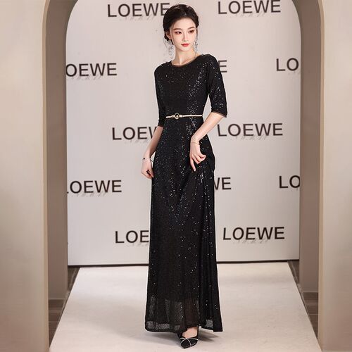 黑色大合唱团演出女主持指挥服钢琴演奏艺考表演成人晚礼服装长裙