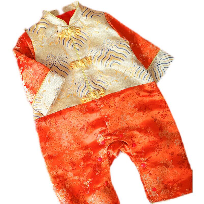 宝宝周岁礼服男秋季婴儿中国风长袖连体服满月百日宴爬服抓周唐装