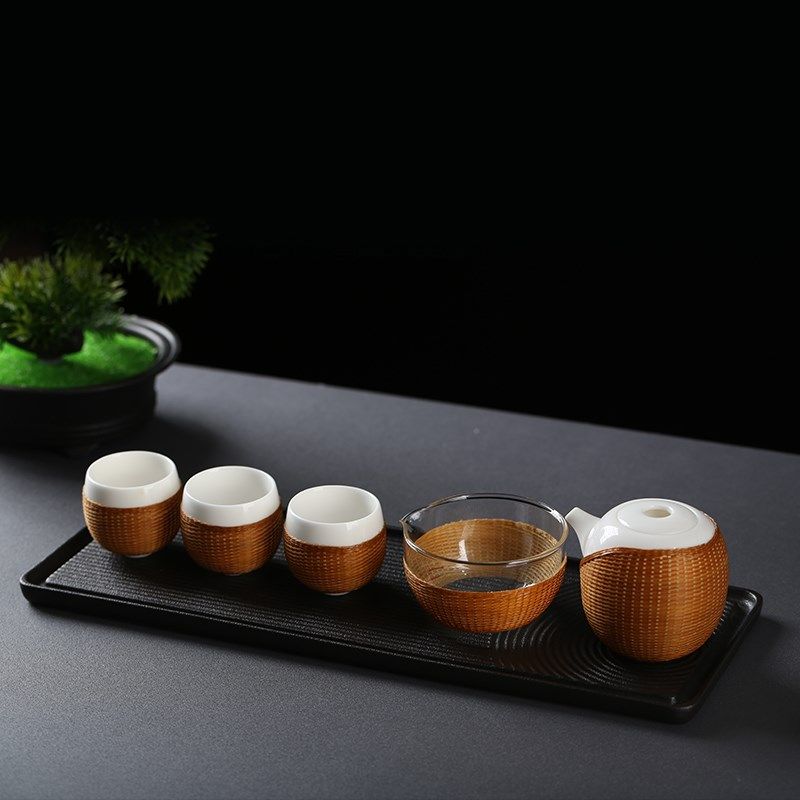 新中式纯手工竹丝扣瓷陶瓷茶具一壶四杯套装茶壶茶杯公道杯伴手礼