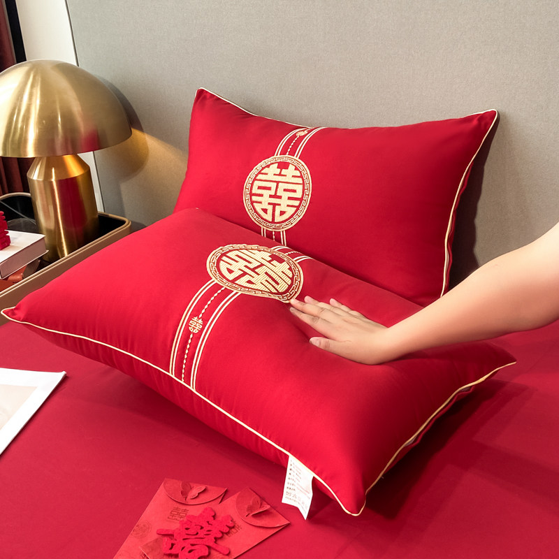 婚庆大豆纤维枕芯全棉纯棉大红结婚嫁喜庆新婚陪嫁一对装单人枕头