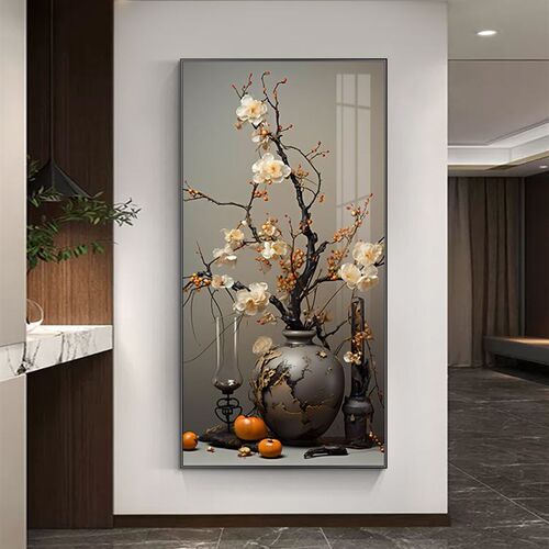 北欧玄关装饰画花卉走廊过道挂画侘寂风进门墙画客厅入户竖版壁画