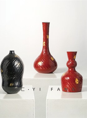 一匚陶瓷色釉花器贴金艺术软装样板间酒店售楼部餐桌客厅花瓶摆件