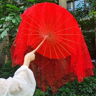红色舞龙纱幔油纸伞绸布伞古风小号儿童演出用的舞蹈伞道具江南伞