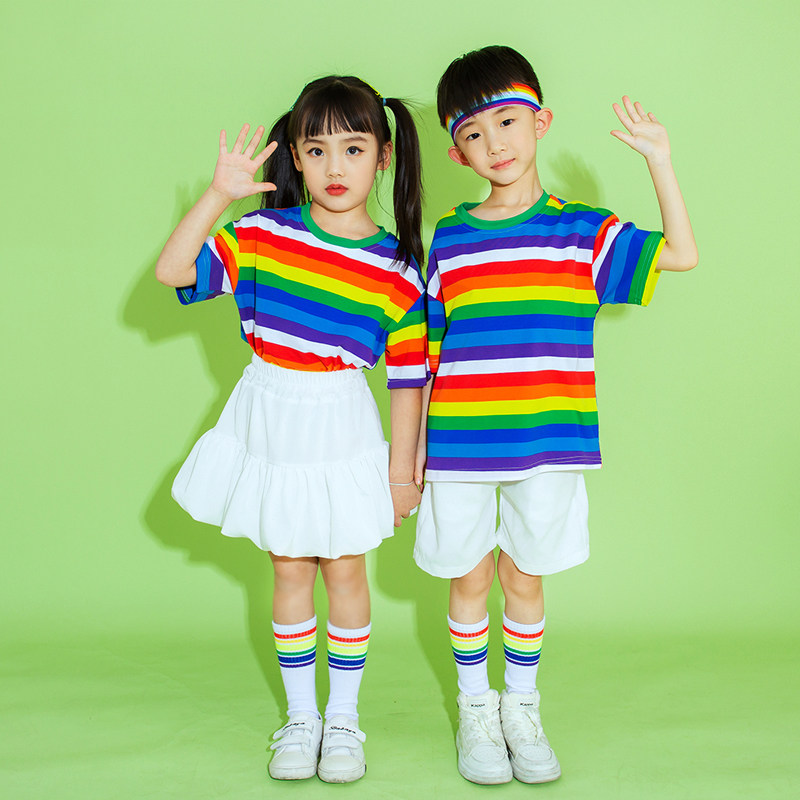 六一儿童节演出服啦啦队彩虹T恤男童女童夏短裤短裙幼儿园毕业照,童装/婴儿装/亲子装,儿童演出服,淘宝优惠券,粉丝福利购,淘宝优惠卷