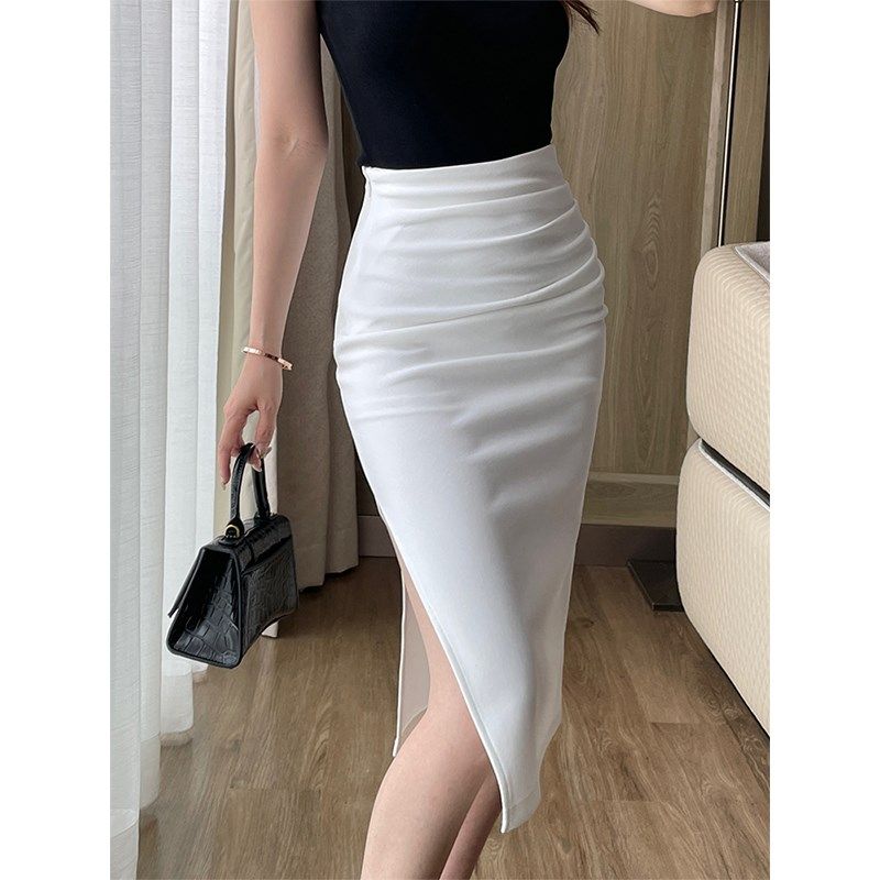 白色高腰半身裙女夏季轻熟风褶皱遮肚开叉性感女人味包臀裙一步裙,女装/女士精品,半身裙,淘宝优惠券,粉丝福利购,淘宝优惠卷