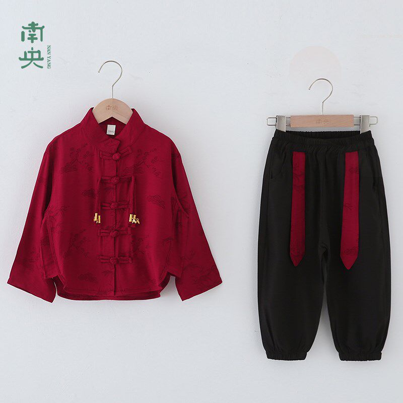 儿童唐装红色套装2024新款男童汉服春秋季中国风小男孩古装表演服