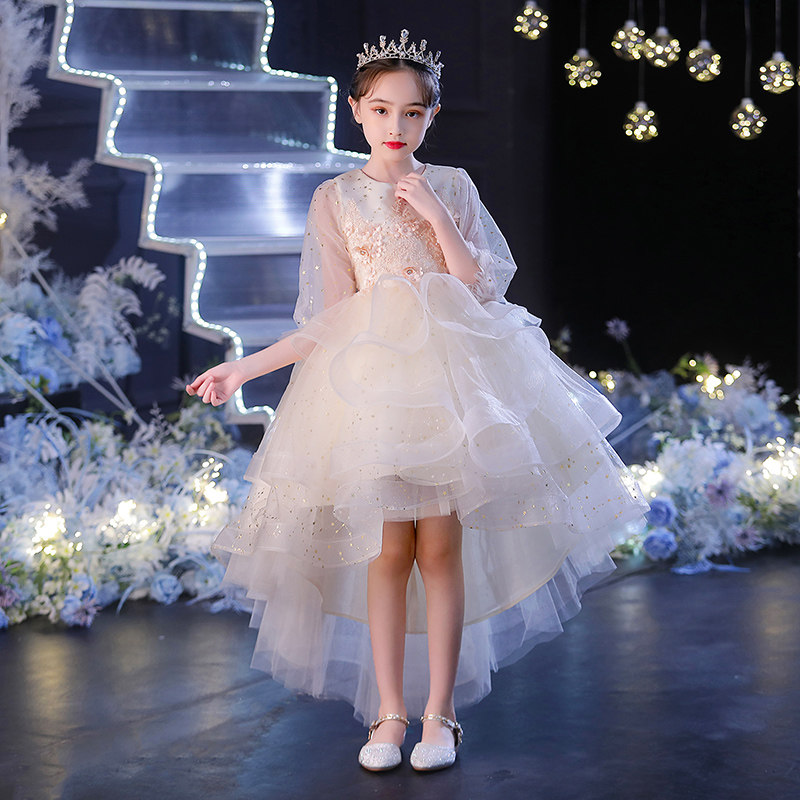 女童主持人礼服公主裙生日长袖小花童婚纱儿童钢琴演出服演奏秋冬