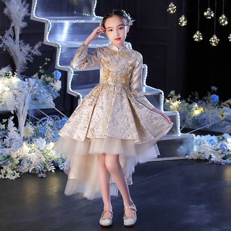 女童前短後长礼服公主裙生日走秀花童主持人儿童钢琴演出服长袖秋