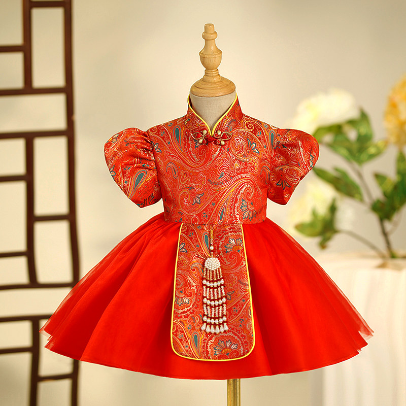 一周岁礼服女宝宝夏季中式冠衣唐装婴儿女宝抓周宴女童旗袍中国风