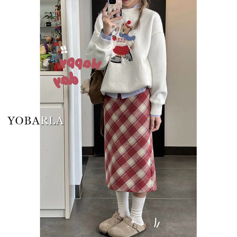红色毛呢格子半身裙女春秋大码高腰显瘦胖mm遮肚子中长款a字裙子